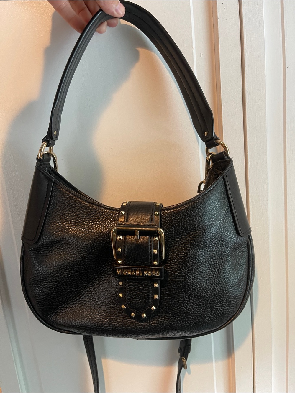 Michael Kors Black Pebbled Leather Shoulder Hobo with Studded Buckle